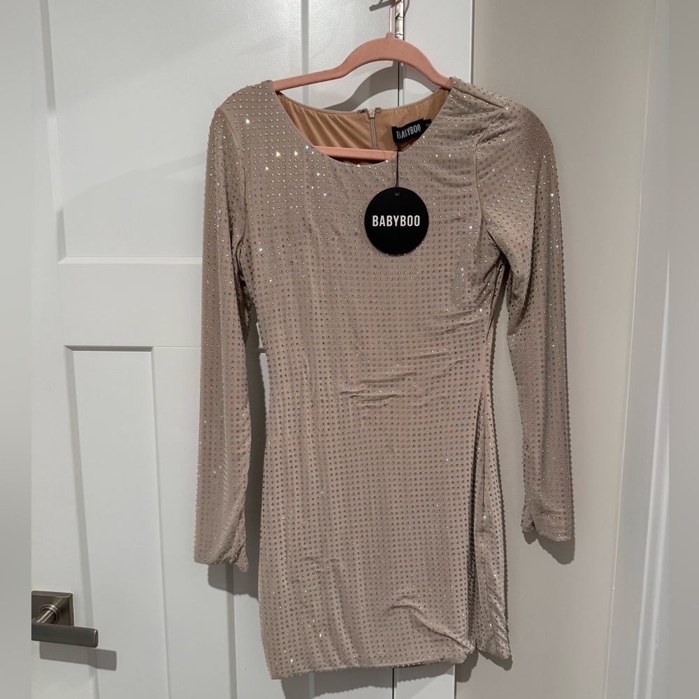 REVOLVE Babyboo Nude Beige Sequin Long Sleeve Mini Dress